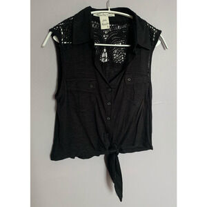 American Rag Cie Size Small black Crochet back tank top with front tie & buttons